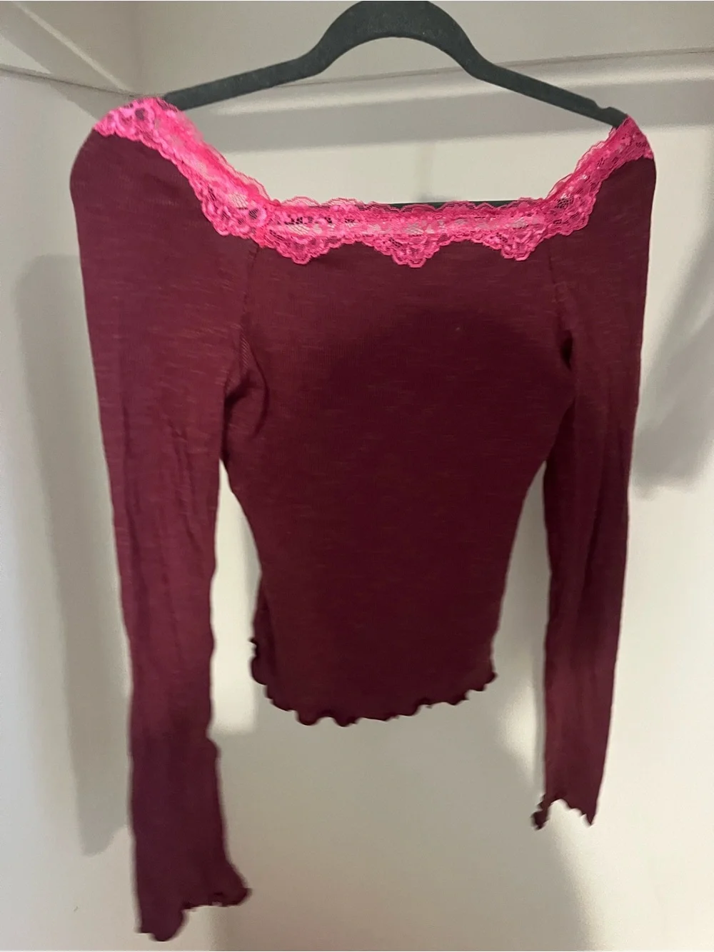 Free People Burgundy Off-Shoulder Long Sleeve Top with Pink Lace Trim